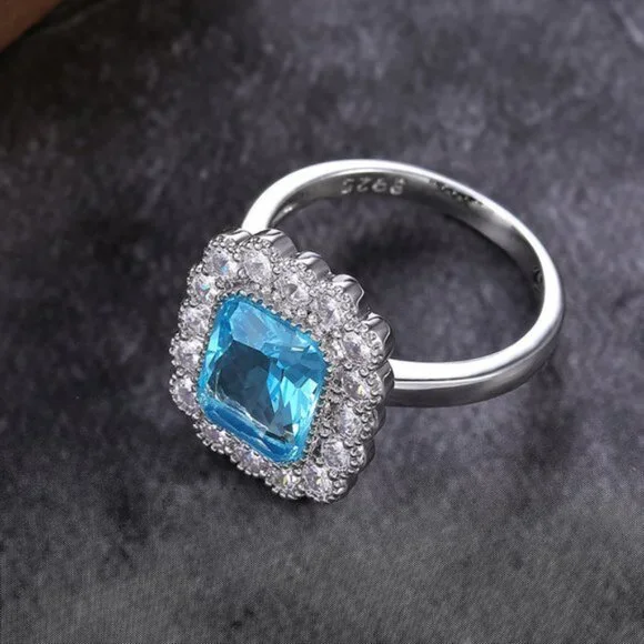 NEW Silver Radiant Cut Aquamarine Halo Ring
